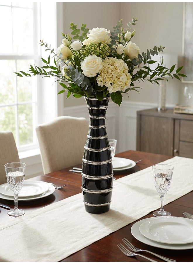 ايست من نون Ceramic Vase for Floral Decorative arrangement, Ht-40 cm | Black Silver Color | Ribbed Rays Design | Size -9.5x9.5x40.2 cm | Perfect for decorativing your living room, Ideal for decorating coffee table, dinning table, console table or any office or living space - Image 1